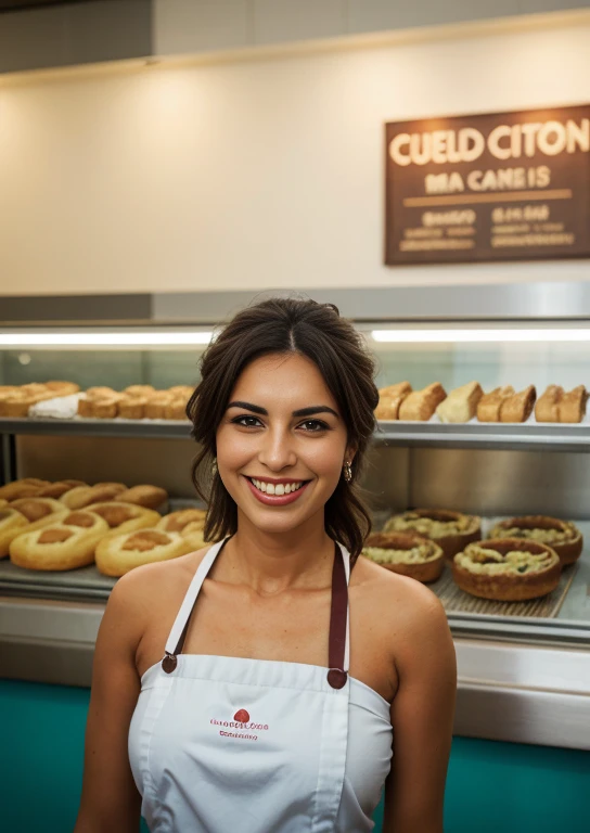 arafed woman in apron standing in front of a Bakery counter, fresh bakeries in the background, sosteniendo una barra de pan, En el mostrador, Bakery, taking control while smiling, sobre un fondo oscuro, en la foto desde los hombros hacia arriba, Listo comercialmente, foto fija, una persona parada frente a un, impresionante visual, looking towards the camera, por Niko Henrichon