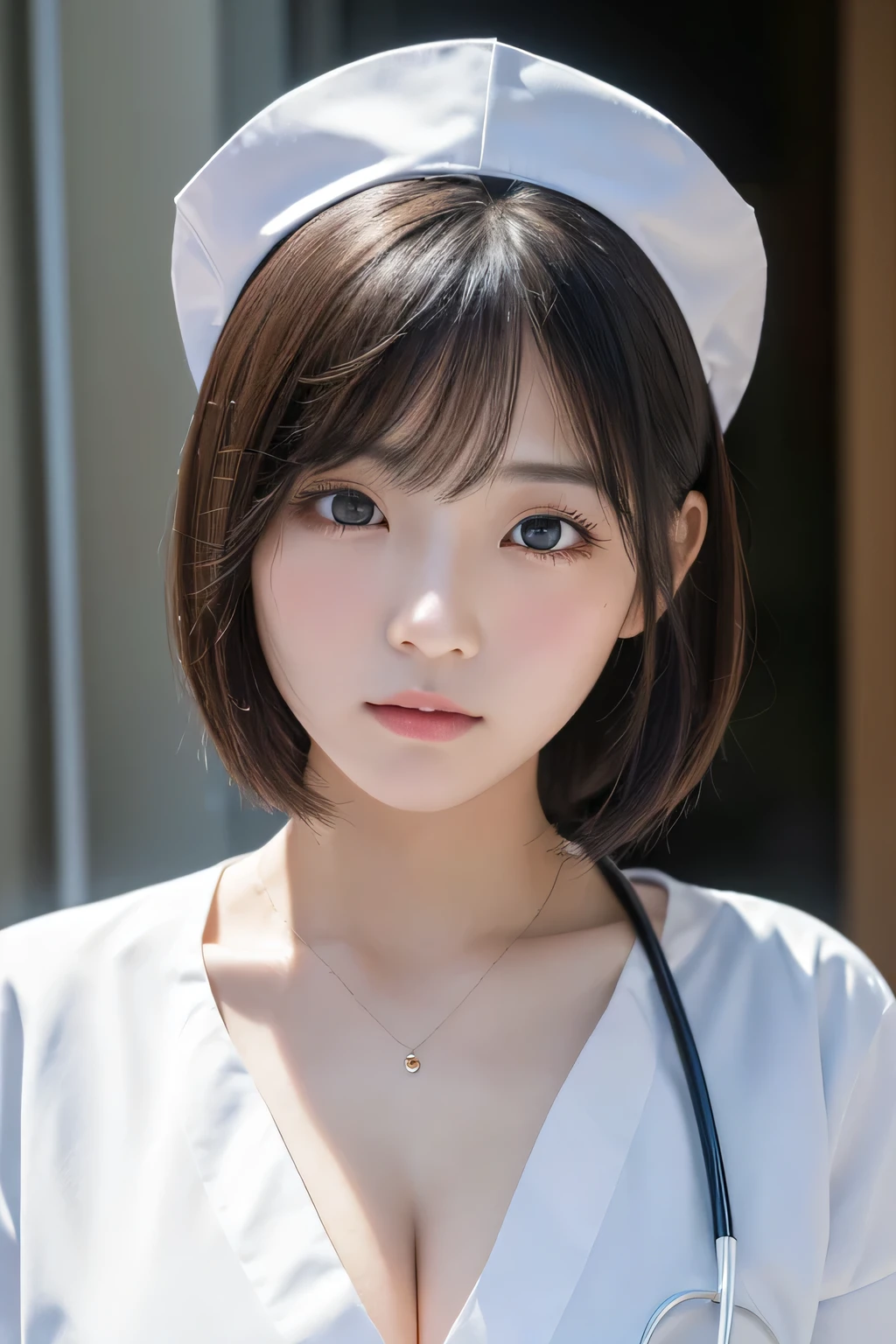 (1 Girl)、(Beautiful Japanese、18years old,round face、Refreshing、clear、seems kind、stylish、Pitiful、cute like an angel、cute、black eyes、,actress,Almond-shaped eyes,Translucent white skin、Beautiful skin), Good style , (Beautiful big breasts:1.2),(soft breasts),(very cute),(Black hair),(short bob hair),(enchanting eyes),(highlight on eyes:1.2)、(8K、Live shooting、highest quality、masterpiece:1.2、optimal lighting)、((masterpiece)),(Photo taken by a professional photographer),(real、photo real:1.4),break,{ (White nurse costume),(((taraditional nurse uniform))),,{(White nurse tight pants)},(cleavage:1.2)},(Serious face),(tears:1.4))(cheeks are red:1.2), break, break,Old abandoned hospital,Face shot:1.3、 night、looking away, face close-up,Looking up、sitting、(Both eyes closed:1.3)