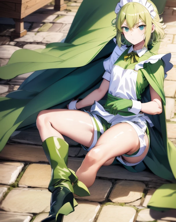highest quality, Tabletop, 超A high resolution, Ryu Lion, Green shorts, Green Boots, White shirt, Green Cape,German Maid