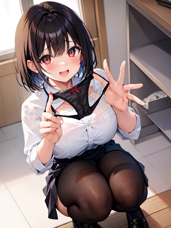 masterpiece、Highest quality、Ultra-high resolution、Medium breasted girl、red and large eyes,、Black short hair、The hair inside is colored、Excited face、Please open your mouth a little（school uniform）、（black tights）、（Holding panties）、（presenting panties）、Squat、The perfect number of fingers