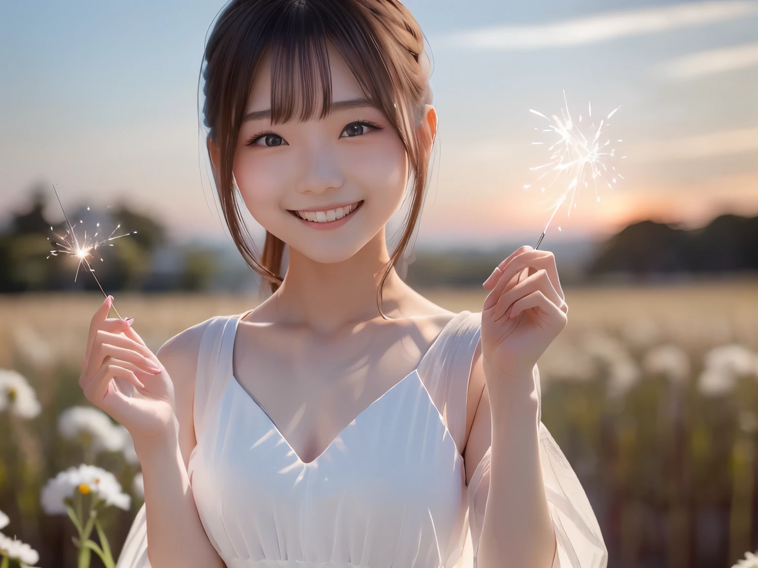 Japanese woman in a white dress holding a sparkler in a field, In the soft, dreamy light of dusk, Soft sunset light, Beautiful young Korean woman, Beautiful Korean Women, Gorgeous Young Japanese Woman, As the sun sets, Beautiful Asian Girl, With the sunset, Beautiful and smiling, She is smiling and happy, 8K Art Jam Bokeh, Golden Hour