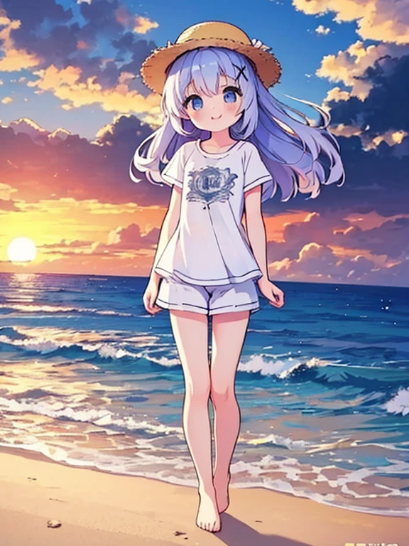 {{{masterpiece}}}, {{{best quality}}}, {{ultra-detailed}}, {illustration}, {{an extremely delicate and beautiful}},1girl,chino,beautiful setting sun,t-shirt,short pants,hairpin,straw hat,smile,beautiful beach,fullbody,arms behind back,