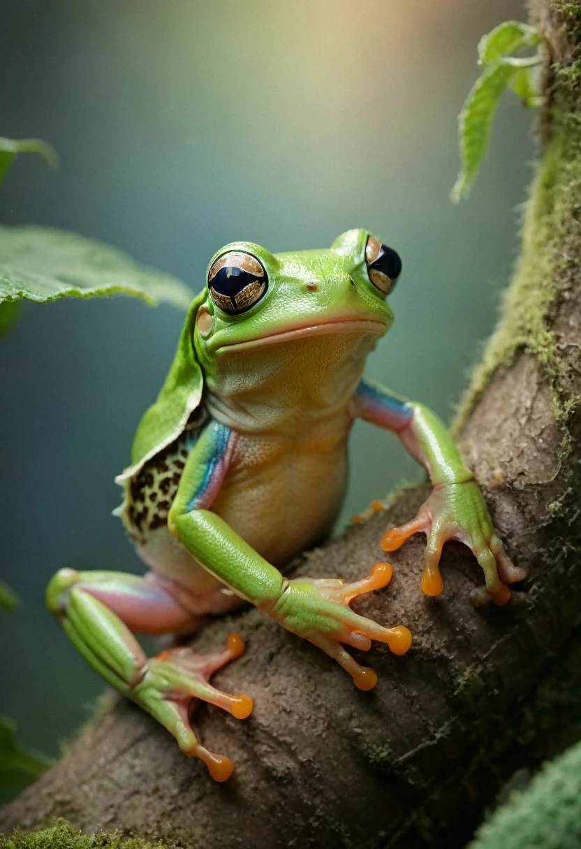 film photography style, best quality,ultra-detailed,HDR,animal photography, Realistic Kermit frog gorgeous treefrog 🐸 cute. Beautiful, by N. C. Winters, Gustav Doré, Amanda sage, Tom bagshaw, Matt hubel, Anne stokes, professional photography, Vladimir manyukhin, Dan mumford Holographic moody, imposing, arcane, ethereal: magnificent: cinematic: masterpiece: divine: amazing depth of field, rainbow gradient background, light grain