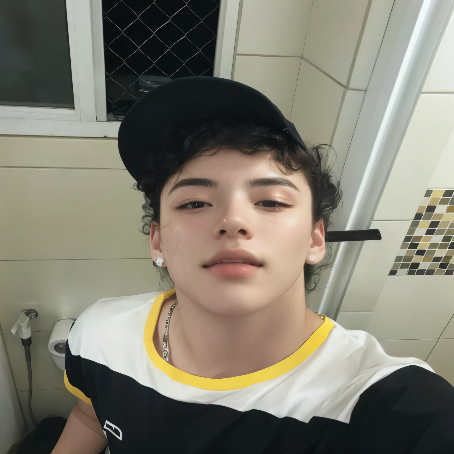 There&#39;s a man with a hat on his head in a bathroom, caio santos, mateus 9 5, carmelo blandino, jovem, meu arroz, 18 anos de idade, tommy 1 6 anos, milhas johnstone, 1 6 anos, Nick Drnaso, pete davidson, daniel mirante, icaro carvalho, Sidney Lugo