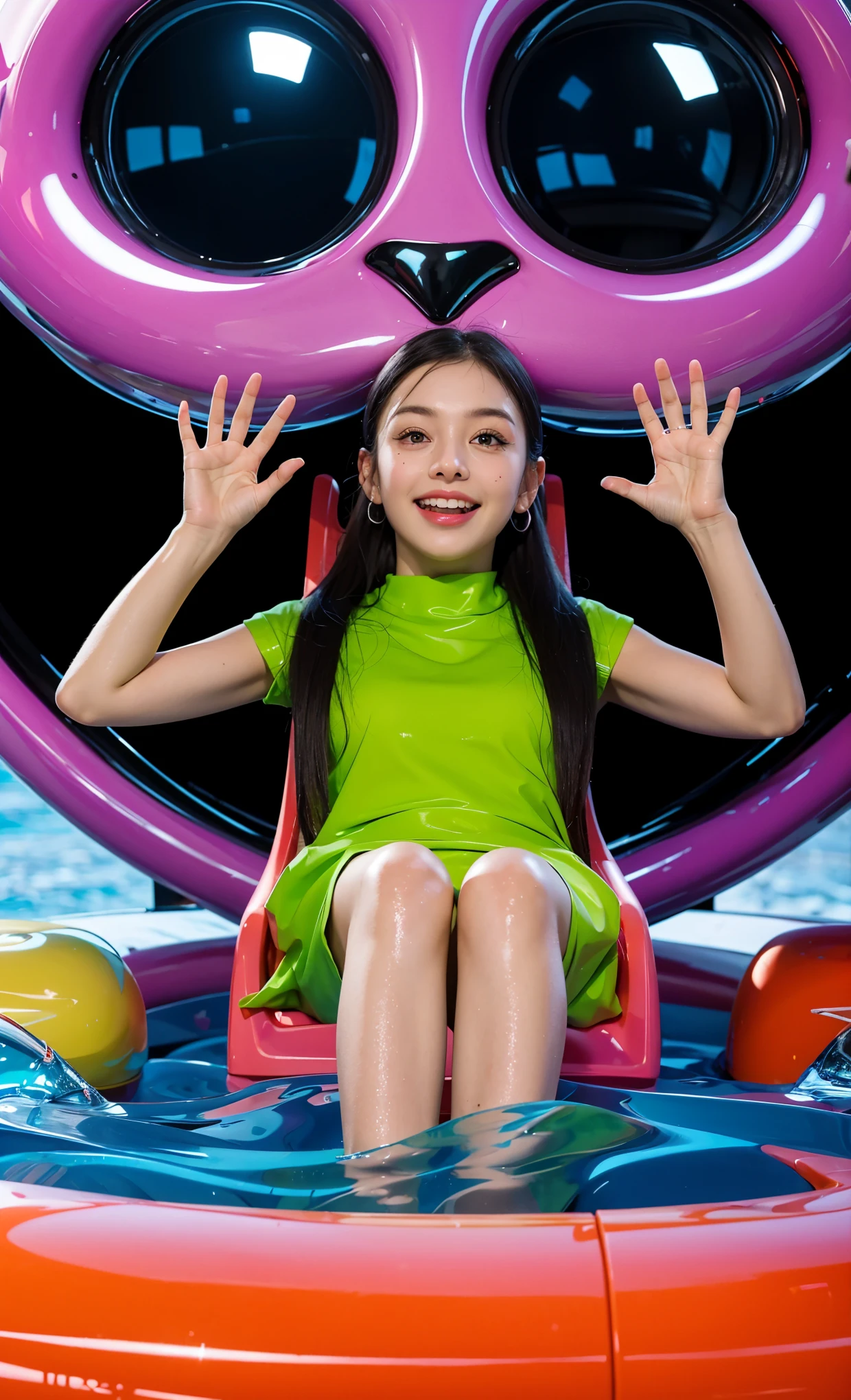 Purple creature with black eyes and a smile and a pool in its mouth deep children's water pool filled with beautiful water with waves. A young girl sits on a pool float with an alien character in the background. The image depicts a close-up of a large, metallic spider-like robot with six legs and a body that resembles a combine harvester. It stands on a blue floor Create ultra sharp  and is facing a red wall.cartoon key frame rendering, cute 3D rendering, Shiny metallic,Create ultra sharp  цветной рендеринг zbrush. perfect cgi, cgi art created only with gradients, smooth silhouette, Create ultra sharp skin, high intensity refraction, (plastic material), most beautiful vfx, blue background, plastic refractions, glossy texture, smooth 3d model, multiple light sources, rim light, sharp post effects render, (glossy plastic texture with multiple big light probe refractions), perfect cgi, cgi art created only with gradients, smooth silhouette, high intensity refraction, (plastic material), most beautiful vfx, blue background, plastic refractions Create ultra sharp