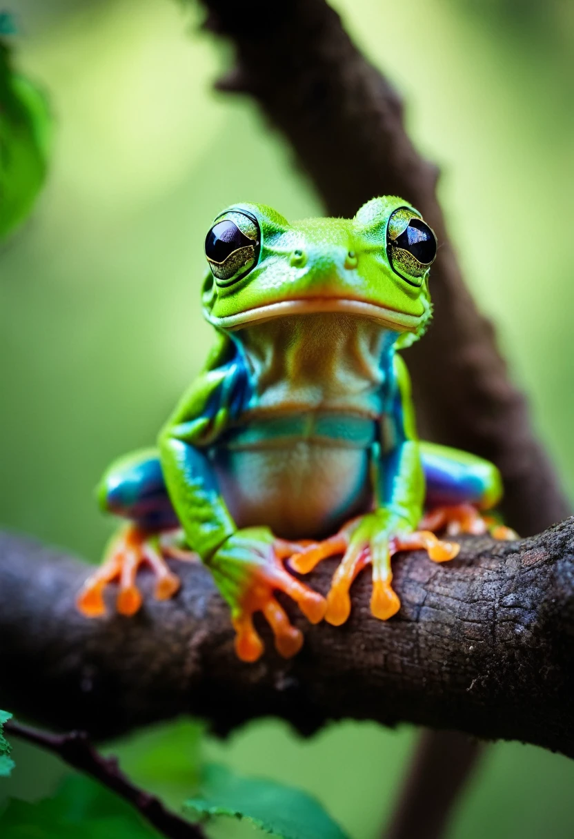 film photography style, best quality,ultra-detailed,HDR,animal photography, Realistic Kermit frog gorgeous treefrog 🐸 cute. Beautiful, by N. C. Winters, Gustav Doré, Amanda sage, Tom bagshaw, Matt hubel, Anne stokes, professional photography, Vladimir manyukhin, Dan mumford Holographic moody, imposing, arcane, ethereal: magnificent: cinematic: masterpiece: divine: amazing depth of field, rainbow gradient background, light grain