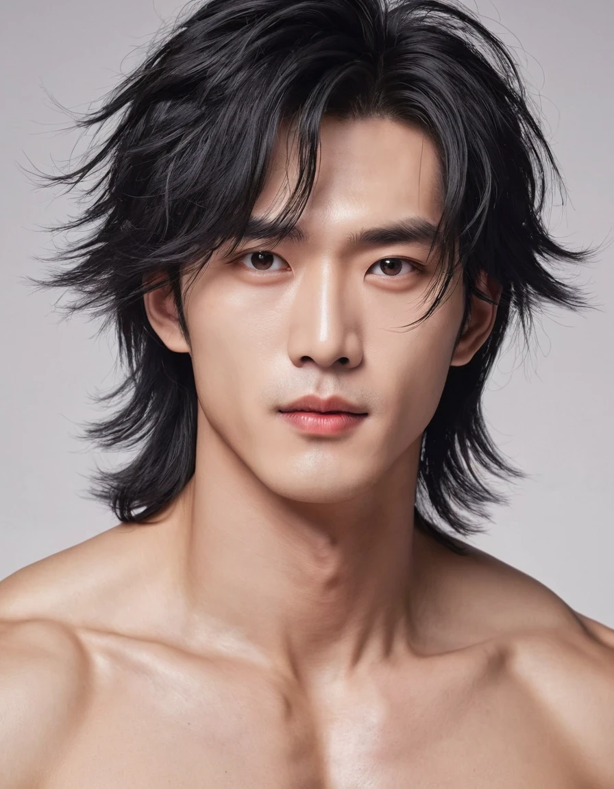 （Male character design），（Close-up of the cold and  Chinese handsome man Pan An），（Close-up from the neck up），（Very long and messy hair：1.1），（Big bright eyes，Double eyelids），Sad King，Toning muscles，Detailed abdominal muscles，Pan An plays a Chinese handsome man，Red lips and white teeth、I would rather be gentle and melancholy，（Pan An wearing modern men&#39;s clothing&#39;Fashion. Pan An is tall and tall.，Ji Yu Xuanang，He has a strong physique，Pan An&#39;s skin was fair and flawless，His delicate facial features，Clear and bright eyes，His nose bridge is very high，Red lip and white teeth，Show your king style，Noble temperament，Hairstyles in the Western Jin Dynasty，Inspired by Chinese actor Hu Ge，king，black and white，Chinese Ink Painting，black and white illustrations，