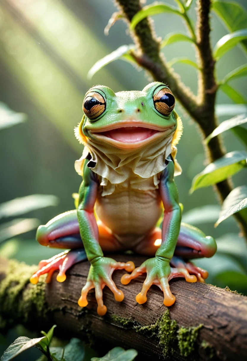 film photography style, best quality,ultra-detailed,HDR,animal photography, Realistic Kermit frog gorgeous treefrog 🐸 cute. Beautiful, by N. C. Winters, Gustav Doré, Amanda sage, Tom bagshaw, Matt hubel, Anne stokes, professional photography, Vladimir manyukhin, Dan mumford Holographic moody, imposing, arcane, ethereal: magnificent: cinematic: masterpiece: divine: amazing depth of field, rainbow gradient background, light grain