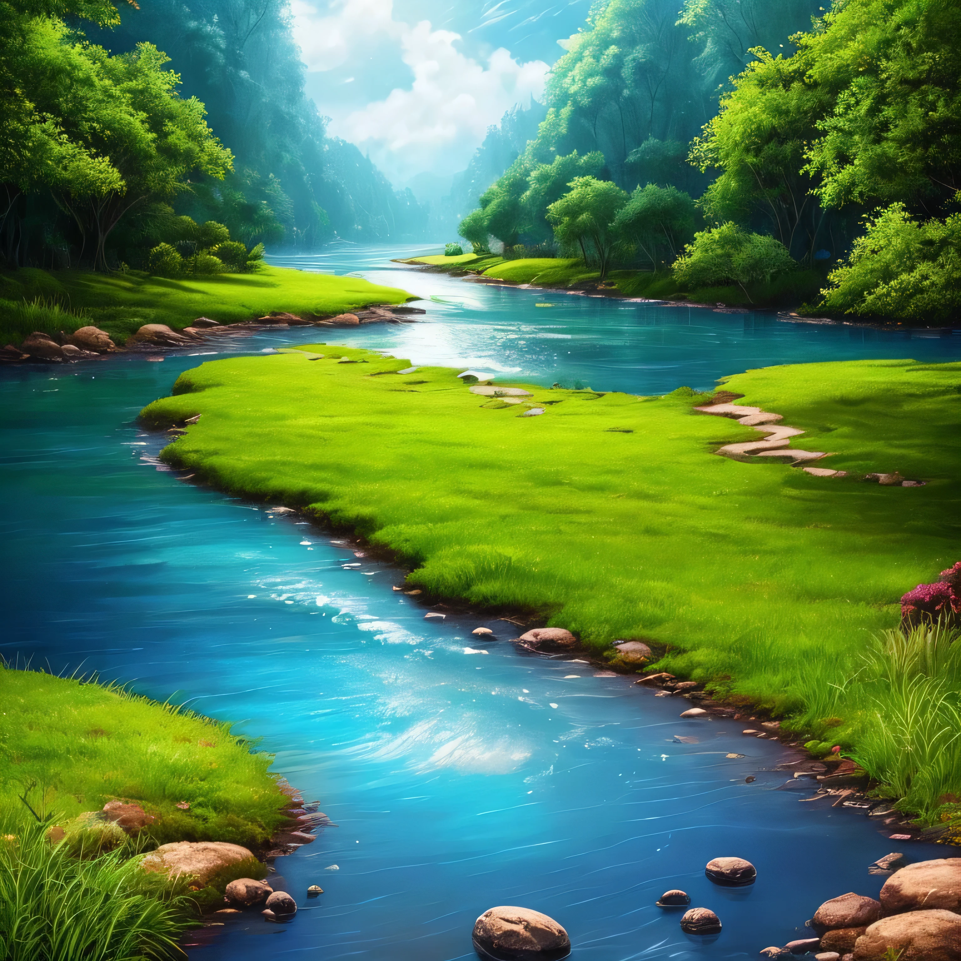 masterpiece, 最high quality, high quality, Very detailed CG unity 8k wallpaper, Vibrant colors、rain、rain、rain、an extremely colorful and pure fantasy environment, bright green grass landscape, colorful trees々々, Shining Fruit, Bright blue flowers. The color of the river is deep blue, The air is filled with sweet exotic scents. The environment is like a dream,  Award-winning photography, Bokeh, Written boundary depth, High resolution, bloom, chromatic aberration ,Realistic,Very detailed, Trending on Art Station, CGSociety Trends, Complex, Attention to detail, dramatic, art：The middle of a journey 