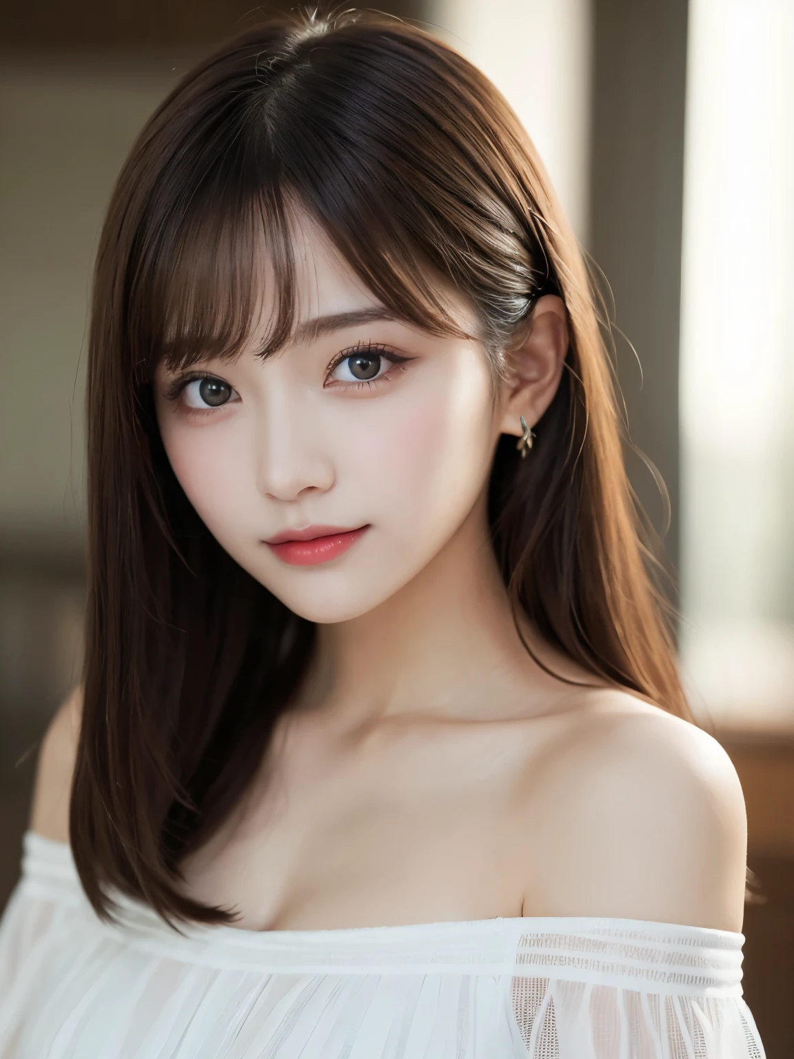 table top, highest quality, shape, Super detailed, finely, High resolution, 8k wallpaper, Perfect dynamic shape, beautiful and detailed eyes, small breasts, natural color lip, random sexy pose,smile、20 year old girl、midnight、Beautiful and dense face、perfect and beautiful face,Big eyes、real photos(best image quality),Sheer off-shoulder dress、looking at camera、Please stand、Do gal makeup,blurred background