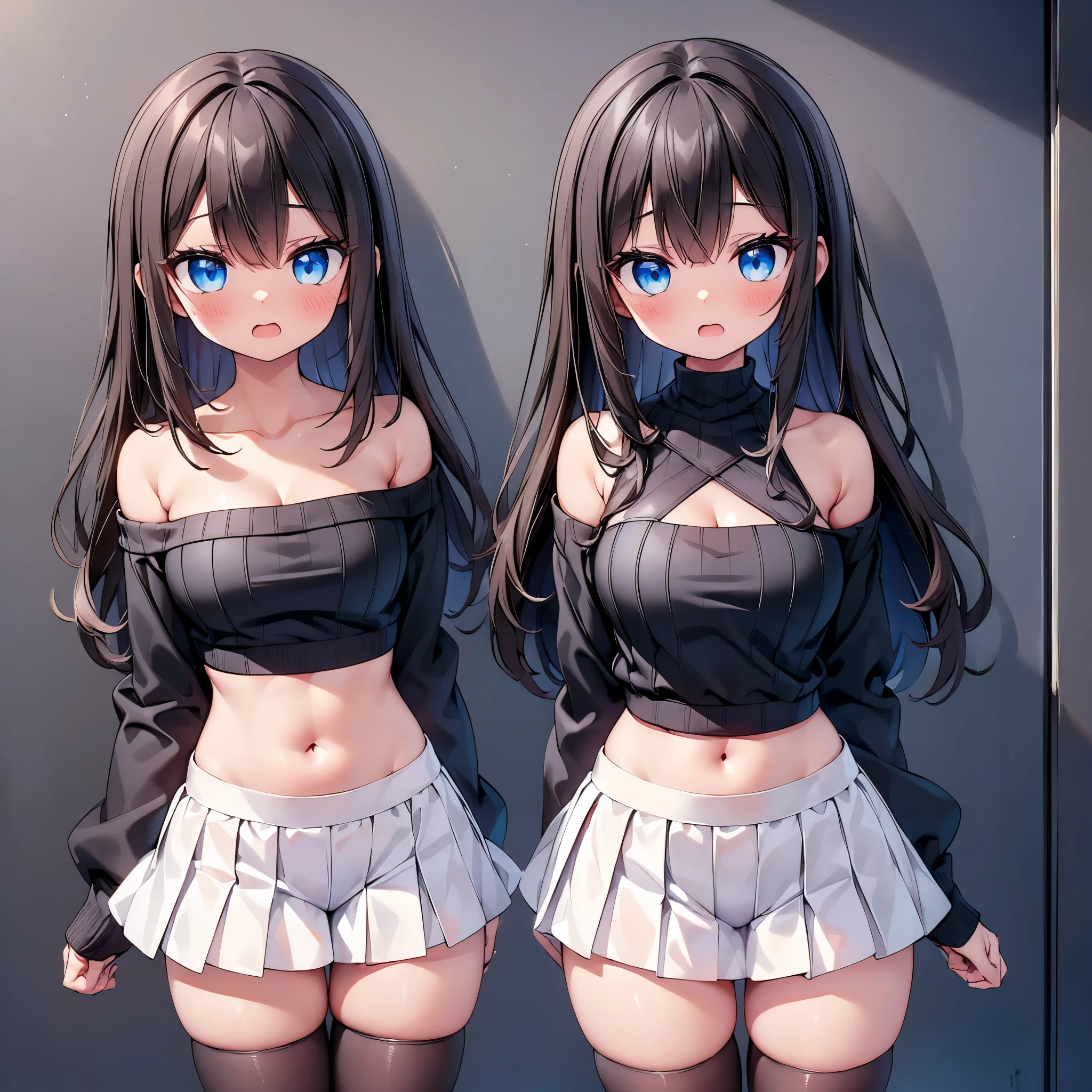 (cute eyes:1.2), (sparkling eyes:1.2), (8K、Best image quality、highest quality、masterpiece)、Detailed face、(Brown Skin:1.3), (2 girls)、Improve、(black hair, blue eyes, long hair, straight hair), (open mouth), (embarrassed), (skinny body:1.3),(midium breasts), (strapless, white:1.2, off-shoulder knitted sweater with beautiful details:1.2), (cleavage), (midriff peek:1.5), (black stockings:1.1), (Thighs:1.2), (Waistline:1.2)