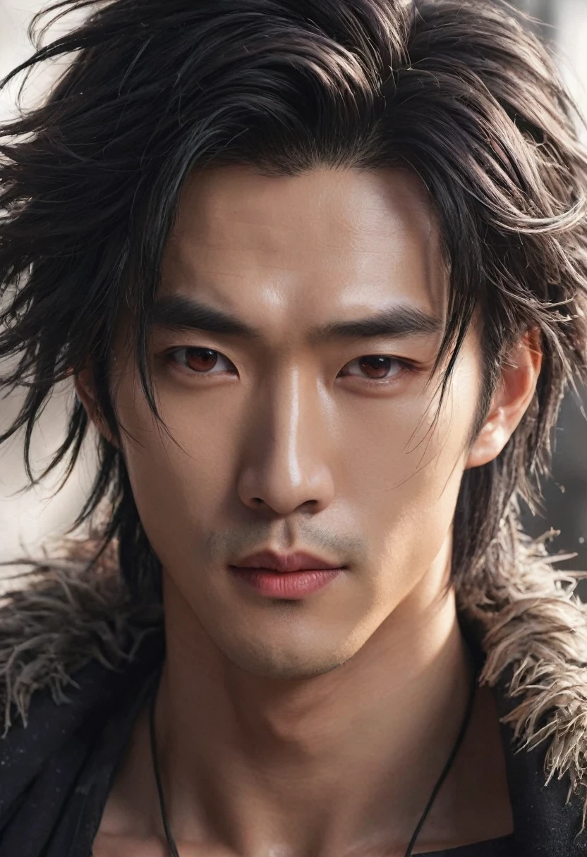(Male character design),(Close-up of the cold and Chinese handsome man Pan An),(Close-up from the neck up),(Very long and messy hair:1.1),(Big bright eyes,Double eyelids),Sad King,Toning muscles,Detailed abdominal muscles,Pan An plays a Chinese handsome man,Red lips and white teeth、I would rather be gentle and melancholy,(Pan An wearing modern men's clothing'Fashion. Pan An is tall and tall.,Ji Yu Xuanang,He has a strong physique,Pan An's skin was fair and flawless,His delicate facial features,Clear and bright eyes,His nose bridge is very high,Red lip and white teeth,Show your king style,Noble temperament,Hairstyles in the Western Jin Dynasty,Inspired by Chinese actor Hu Ge,king,black and white,Chinese Ink Painting,black and white illustrations,