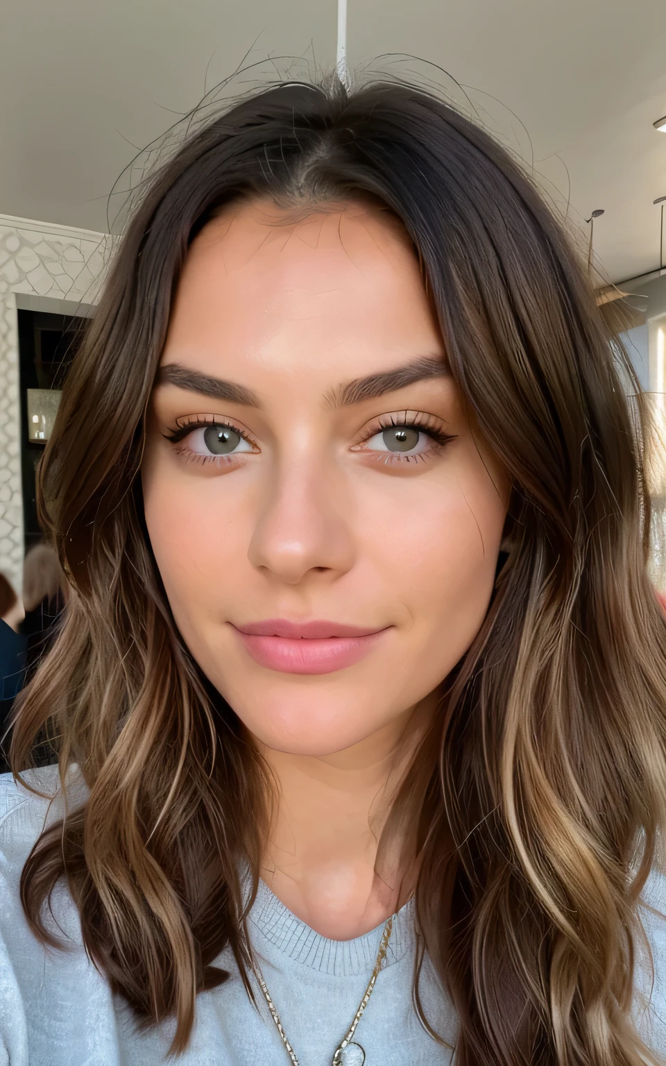 Beautiful brunette with blonde highlights, wearing a beige sweater (drink lemonade in a café), sehr detailiert, 22 Jahre alt, unschuldiges Gesicht, naturally wavy hair, yeux bleus, high resolution, Meisterwerk, Best quality, Aufwendige, hochdetaillierte, sehr detailliert, scharfer Fokus, DETAILLIERTE HAUT, realistic skin Textur, Textur, detaillierte Augen, Fachmann, 4K, charming smile, gefilmt mit Canon, 85 mm, faible profondeur de champ, Couleur Kodak Vision, Perfectly fitting body, extrem detailliert, Fotografier_\(Ultra\), fotorealistisch, Realstic, Nachbehandlung, Maximale Details, Rauheit, wahres Leben, Ultra realist, Fotorealismus, Fotografie, 8K UHD, Fotografie