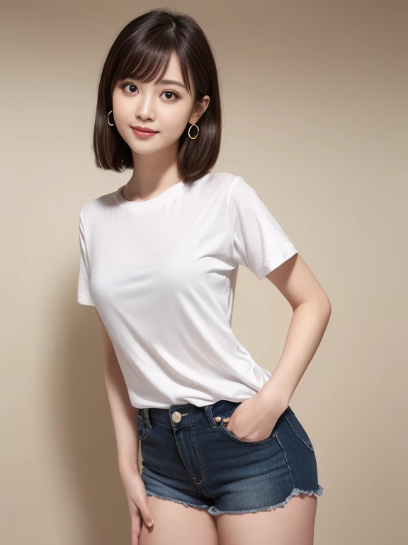 (masterpiece)、(highest quality:1.5)、(16k wallpaper:1.2)、(Photorealistic:1.2)、(Ultra-detailed:1.2)、(超A high resolution:1.2),(Surreal), (High resolution), (Very detailed), (Professional), (Realistic), (Post-processing), (Very detailed),(Sharp focus), Sharp focus:1.2,Photorealistic, Ultra-realistic, Backlight, Bright light, (Improvement of quality:1.4),
健康的なThighs、Narrow waist、Big Ass、(Beautiful legs)、((Perfectly detailed five-fingered hands)),(Anatomically correct body)、((1 female:1.4))、Realistic Skin、(Small chest:1.4),Pretty woman with perfect figure:1.4,(from the front:1.5), (Enhances the beauty of skin texture:1.1),
(Beautiful fine details), (Detailed face),Beautiful realistic face,No makeup、美しいBlack Hair、Super Beauty、The best smile、Natural color lip、Even bangs、((29-year-old woman))、Bob Hair、Hair blowing in the wind, (Black Hair, Iris, Watery eyes, Shining Eyes, Short bob cut hair, Small earrings, Lightly reddish), Hair behind the ear、No makeup、(Drooping eyes)、Drooping eye corners、(Oversized white T-shirt, Long plain T-shirt:1.3), (Thighs, Are standing, Leaning forward:1.3), break, (White Background:1.2), break, Very beautiful eyes, (Symmetrical eyes:1.3), break,