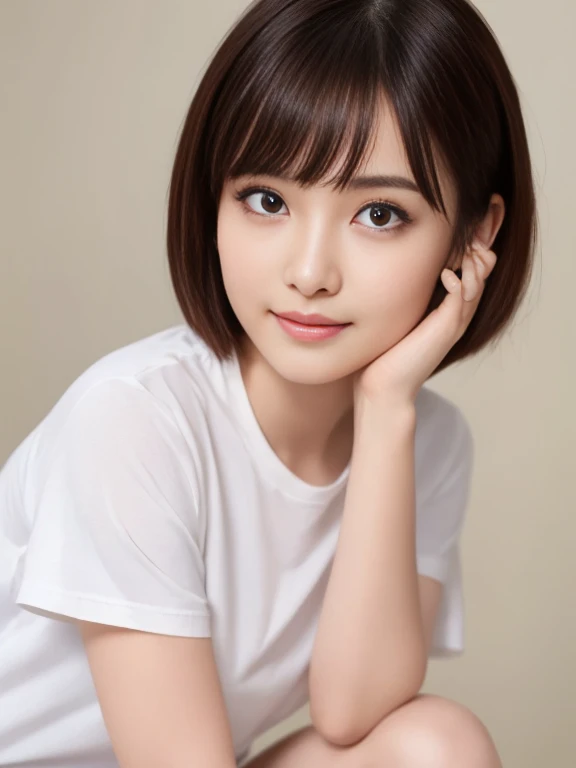 (masterpiece)、(highest quality:1.5)、(16k wallpaper:1.2)、(Photorealistic:1.2)、(Ultra-detailed:1.2)、(超A high resolution:1.2),(Surreal), (High resolution), (Very detailed), (Professional), (Realistic), (Post-processing), (Very detailed),(Sharp focus), Sharp focus:1.2,Photorealistic, Ultra-realistic, Backlight, Bright light, (Improvement of quality:1.4),
健康的なThighs、Narrow waist、Big Ass、(Beautiful legs)、((Perfectly detailed five-fingered hands)),(Anatomically correct body)、((1 female:1.4))、Realistic Skin、(Small chest:1.4),Pretty woman with perfect figure:1.4,(from the front:1.5), (Enhances the beauty of skin texture:1.1),
(Beautiful fine details), (Detailed face),Beautiful realistic face,No makeup、美しいBlack Hair、Super Beauty、The best smile、Natural color lip、Even bangs、((29-year-old woman))、Bob Hair、Hair blowing in the wind, (Black Hair, Iris, Watery eyes, Shining Eyes, Short bob cut hair, Small earrings, Lightly reddish), Hair behind the ear、No makeup、(Drooping eyes)、Drooping eye corners、(Oversized white T-shirt, Long plain T-shirt:1.3), (Thighs, Are standing, Leaning forward:1.3), break, (White Background:1.2), break, Very beautiful eyes, (Symmetrical eyes:1.3), break,