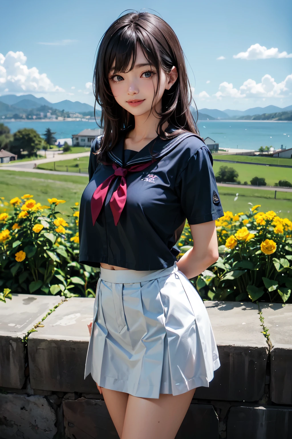 very cute and beautiful girl,(highly detailed beautiful face and eyes), (smile:1.25),looking at viewer,black hair,sailor ,short sleeve,(pleated navy blue mini skirt),standing,arms behind back, countryside,flower garden,hilltop,distant ocean background, (best quality,masterpiece),absurdres,highres,ultra-detailed,extremely detailed,32k,8k resolution, intricate details,cinematic scene,detailed background,solo,dynamic angle,