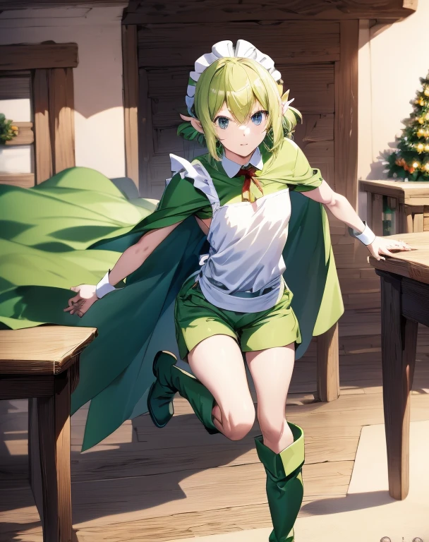 highest quality, Tabletop, 超A high resolution, Ryu Lion, Green shorts, Green Boots, White shirt, Green Cape,Christmas maid