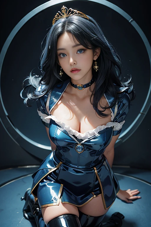 highest quality,Put your hands behind your back、Tie your hands behind your back、masterpiece,Ultra-high resolution, Very detailed, 8k,(Beautiful woman),one person,40 years old, (Sailor Mercury), (Facial details, Bright Blue Eyes, Beautiful Face, Beautiful Eyes, Shining Eyes, thin lips, thin, sharp, thin眉毛, length, Black eyelashes, length and thick lower eyelashes, double eyelid), Fluffy blue hair, ((Blue sailor collar, Very tight and shiny uniform)), ((Shiny Blue Latex Knee High Boots, Stiletto heels,Blue choker, ((Blue Skirt)), Blue Collar, golden tiara,Earrings)),Fine Gold Jewelry, skinny, Big Breasts, Perfect balance, Tight waist, Wide Hips、Pores are visible, Beautiful, shiny, long dark blue hair, execution,incontinence,Scared,torture,slave,Put your hands behind your back、Trapped in a giant spider's web