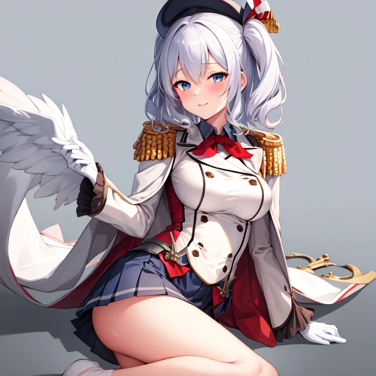 (masterpiece, best quality:1.2),giggle,A hand touched his chest,illustration,8k,HD,1 girl,solitary,portrait,blush,White hair,blue eyes,curls,Double tail,Crane pluming,Berets,Epaulettes,Ruffled sleeves,jacket,Large Breasts,Long sleeve,,mini skirt,Pleated Skirt,Red tie,White gloves,anchor,Solid color background