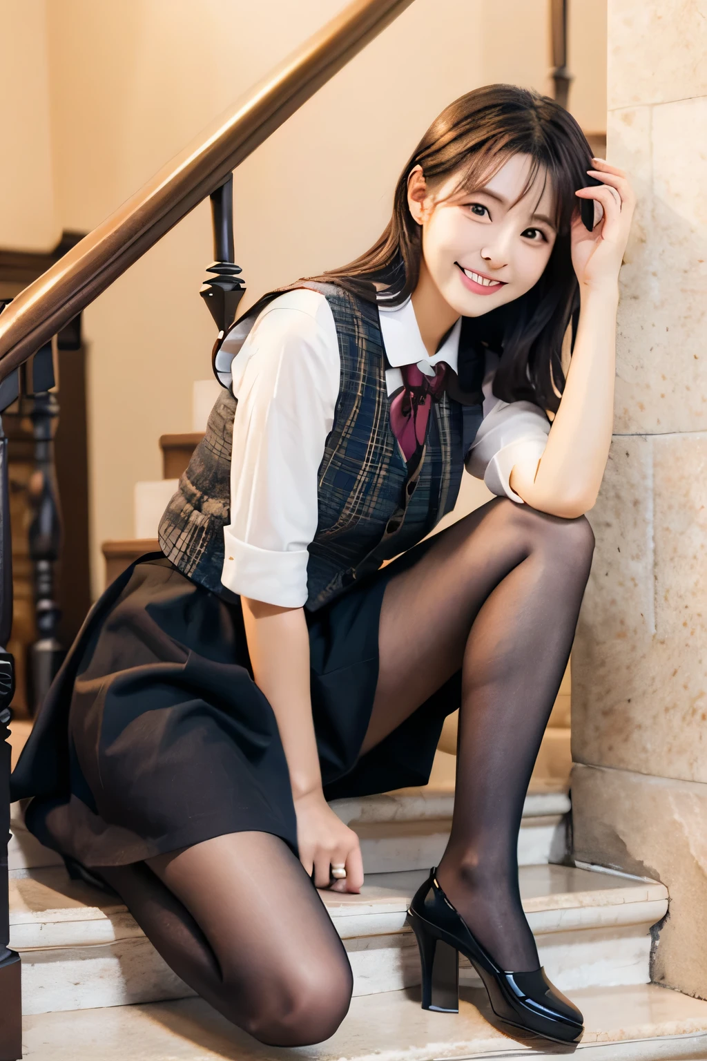 Ulzzang-6500-v1.1, (RAW Photos:1.2), (Photorealistic), (Genuine:1.4), 1girl、Perfect Anatomy、Sit on the stairs、Full body photo、Looking at the camera、Black tights、pumps、Knee-length skirt、Black Hair、smile、Checked vest vest、、