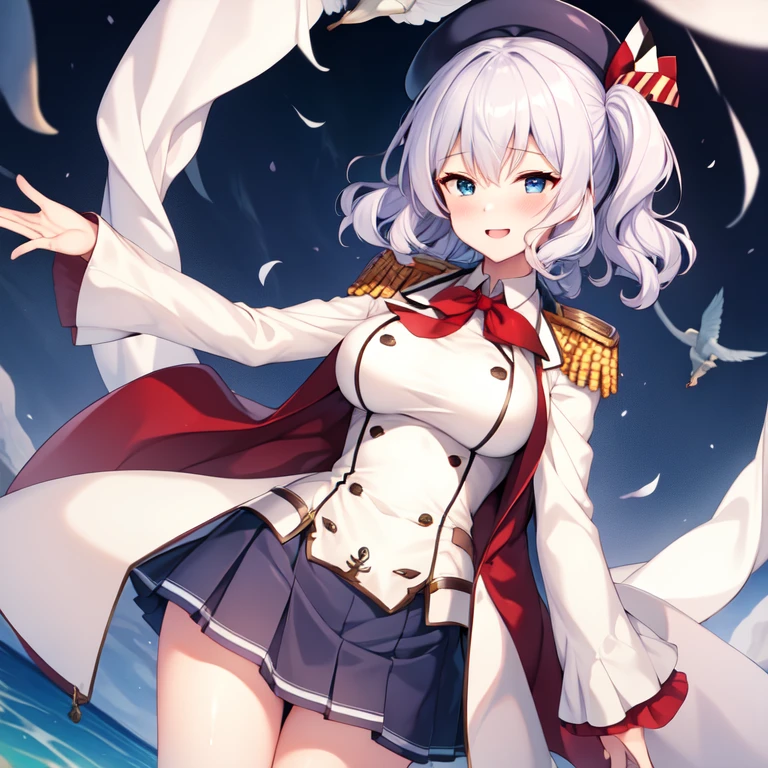 (masterpiece, best quality:1.2),giggle,A hand touched his chest,illustration,8K,HD,1 girl,solitary,portrait,blush,white hair,blue eyes,curls,Double tail,Crane plum,Berets,Epaulettes,Ruffled sleeves,Jacket,Large Breasts,Long sleeve,,mini skirt,Pleated Skirt,Red tie,White gloves,anchor,Solid color background