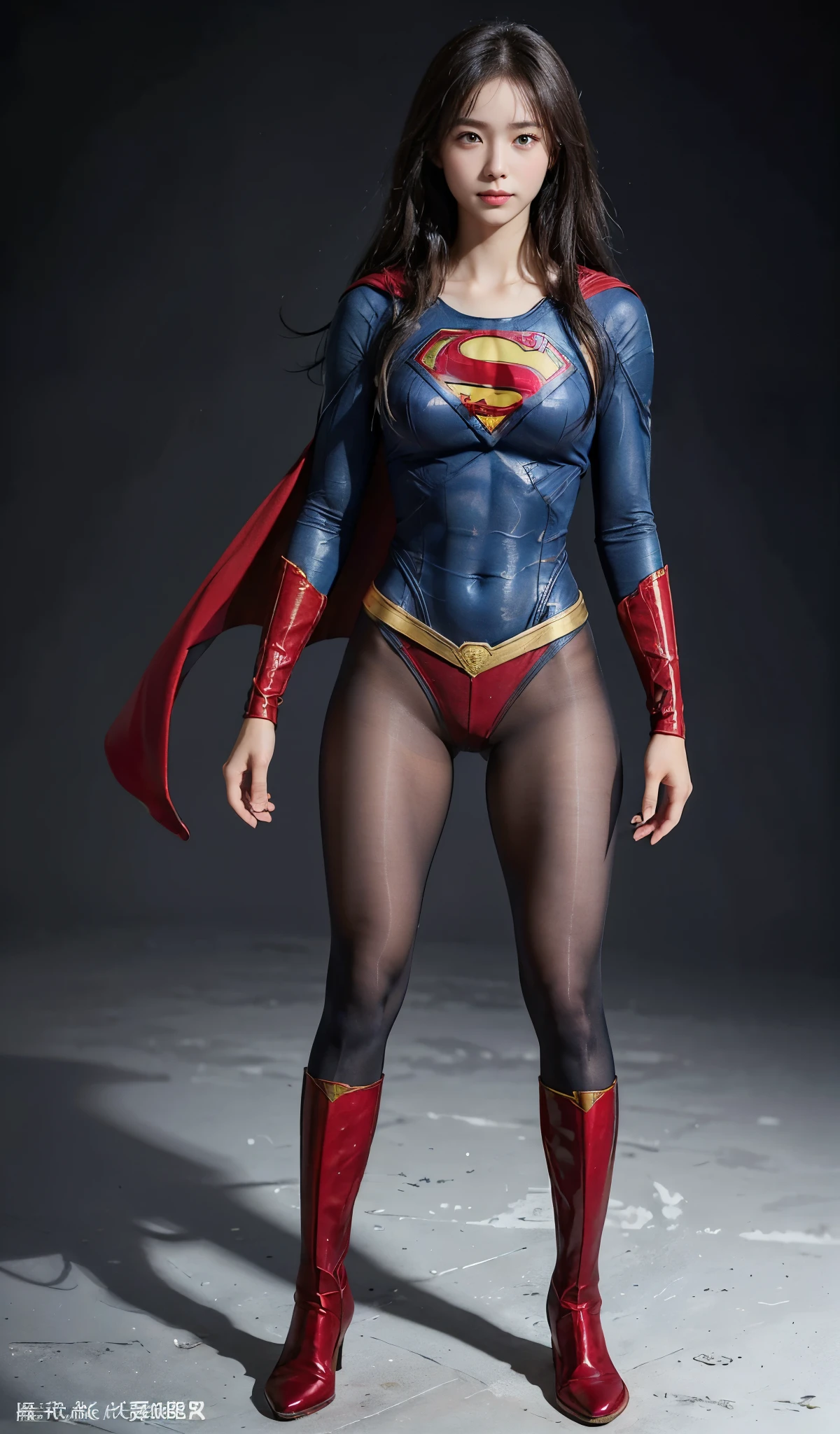 No background、(((Beautiful legs in black tights.)))、(((Legally express the beauty of your smile)))、((((Make the most of your original images)))、(((Supergirl Costume)))、(((Beautiful Hair)))、(((suffering)))、(((Please wear black tights....、Wear red boots)))、((Best image quality、8k))、((highest quality、8k、masterpiece:1.3))、(((Preserve background )))、Sharp focus:1.2、Beautiful woman with perfect figure:1.4、Slim Abs:1.2、Wet body:1.5、Highly detailed face and skin texture、8k