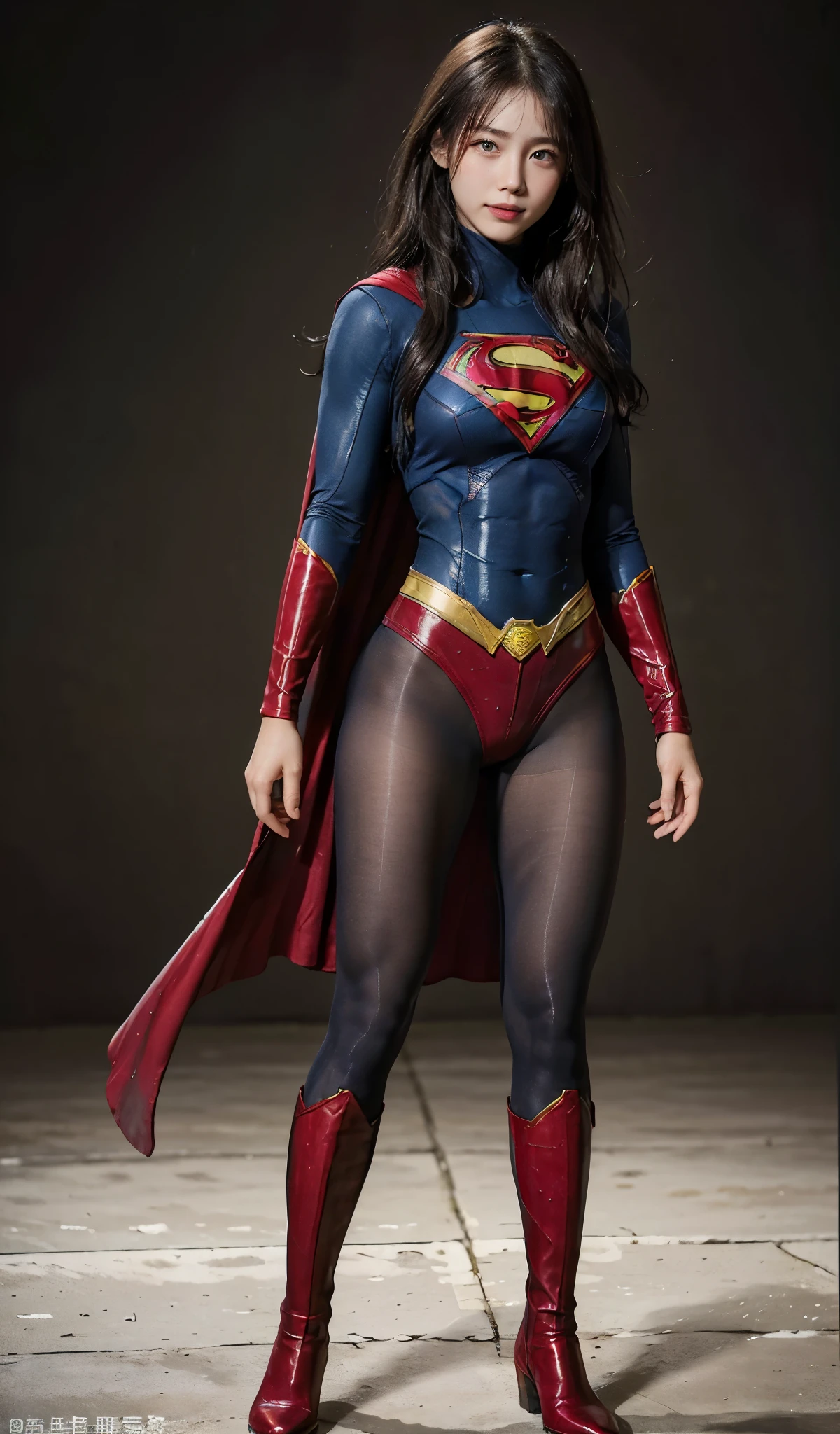 No background、(((Beautiful legs in black tights.)))、(((Legally express the beauty of your smile)))、((((Make the most of your original images)))、(((Supergirl Costume)))、(((Beautiful Hair)))、(((suffering)))、(((Please wear black tights....、Wear red boots)))、((Best image quality、8k))、((highest quality、8k、masterpiece:1.3))、(((Preserve background )))、Sharp focus:1.2、Beautiful woman with perfect figure:1.4、Slim Abs:1.2、Wet body:1.5、Highly detailed face and skin texture、8k