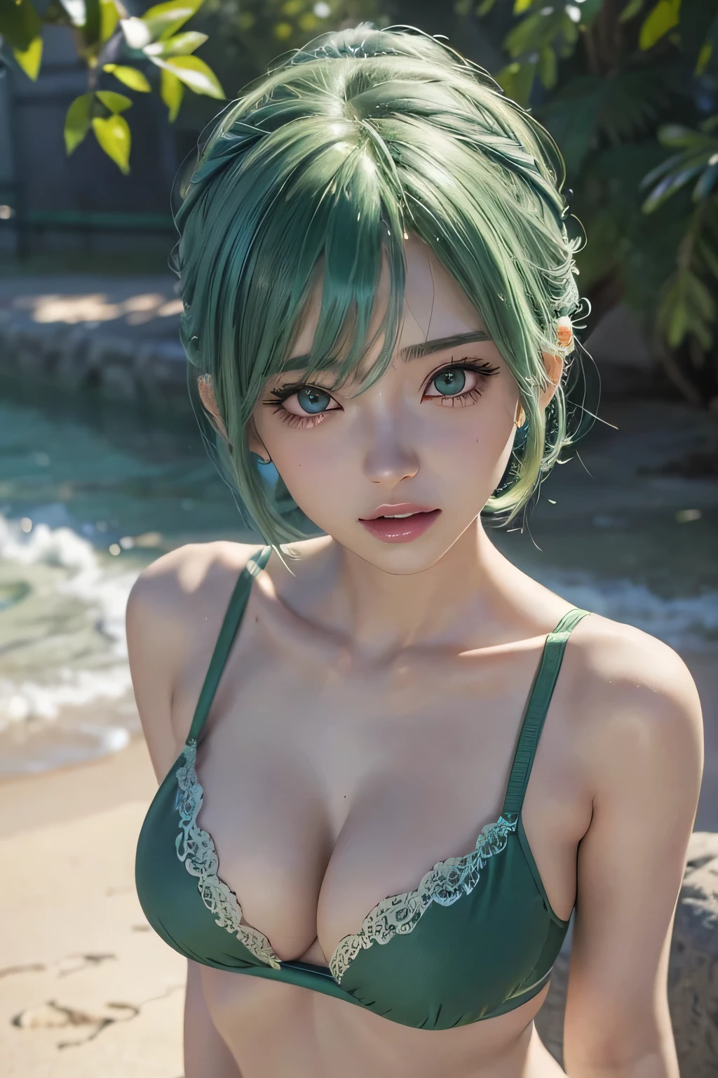 Close up portrait of woman in green bra top and panties, 3D Anime Real, Enchanting anime girl, Photorealistic Animation girl render, Perfect body with realistic shading, Realistic Anime 3D Style, 3d anime girl, Realistic young anime girl, hatsune miku short hair, Ultra realistic anime, Real life anime girls, Photorealistic Animation, Smooth anime CG art