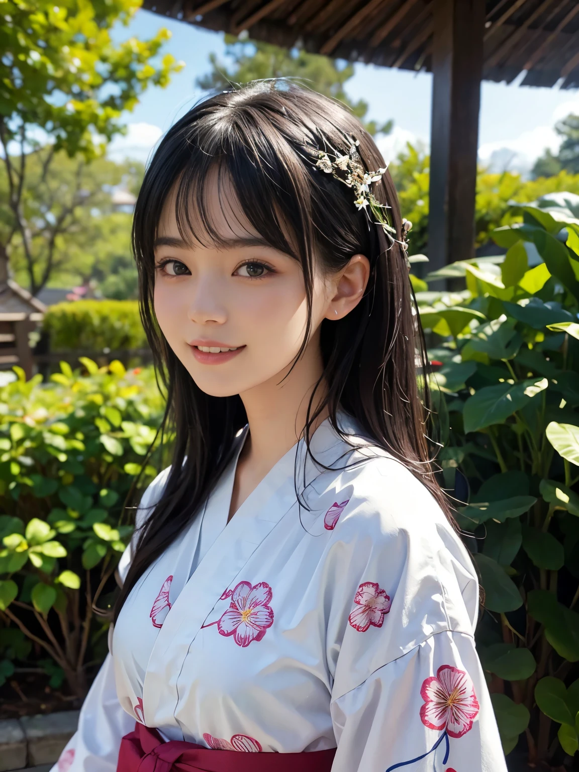 (ultra realistic), (best illustration), (increase resolution), (8K), (masterpiece), (wallpaper), solo, 1 girl, looking at viewers, black straight hair, slender body, plump breasts, pureerosfaceace_v1, happy smile, floral Yukata, meadow