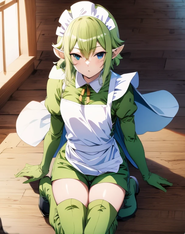 highest quality, Tabletop, 超A high resolution, Ryu Lion, Green shorts, Green Boots, White shirt, Green Cape,anime maid