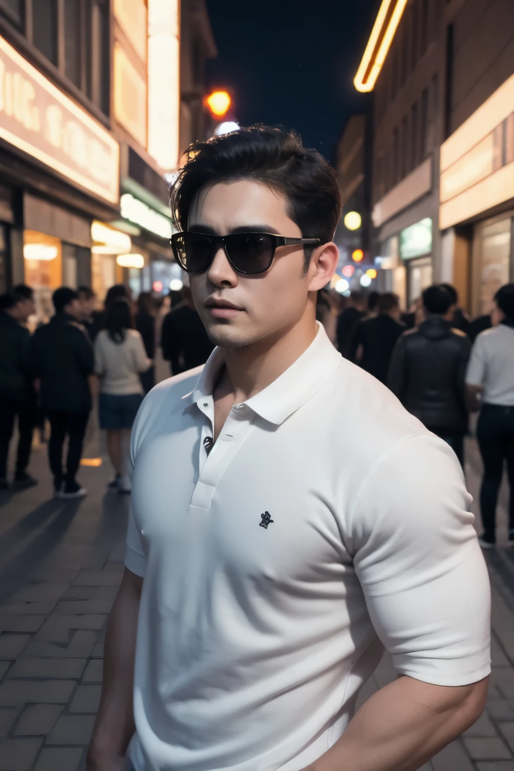 masterpiece, highest quality, Realistic, One boy, Adult male, Stocky build, Notched collar, Best, sunglasses, In a crowded downtown area at night