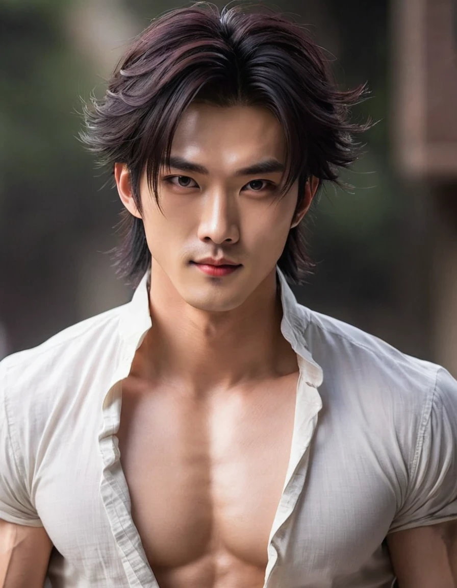 (Male character design),(Close-up of the cold and Chinese handsome man Pan An),(Close-up above the waist),(Very long and messy hair:1.1),(Big bright eyes,Double eyelids),Sad King,Toning muscles,Detailed abdominal muscles,Pan An plays a Chinese handsome man,Red lips and white teeth、I would rather be gentle and melancholy,(Pan An wearing modern men's clothing'Fashion. Pan An is tall and tall.,Ji Yu Xuanang,He has a strong physique,Pan An's skin was fair and flawless,His delicate facial features,Clear and bright eyes,His nose bridge is very high,Red lip and white teeth,Show your king style,Noble temperament,Hairstyles in the Western Jin Dynasty,Inspired by Chinese actor Hu Ge,king,black and white,Chinese Ink Painting,black and white illustrations,