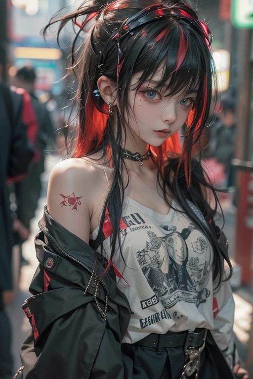 (highest quality,8k,masterpiece:1.3), Gothic Punk, The inside color is red, black hair with gray highlights, hair accessory, beautiful girl, creative, Punk Shirt, Neogoth, Goth Fashion:1.2, High resolution, masterpiece, highest quality, Tilt your head:1.3, (Hasselblad Photos), Perfect Skin, Sharp focus, (Cinema Lighting), Walking the night streets of Tokyo behind the neon lights, Open forehead, , Brushing Back Hair, Off the shoulder, Red tattoo on the décolletage.