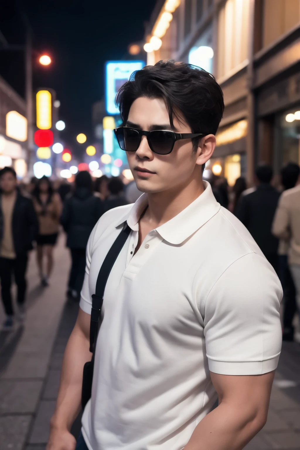 masterpiece, highest quality, Realistic, One boy, Adult male, Stocky build, Notched collar, Best, sunglasses, In a crowded downtown area at night