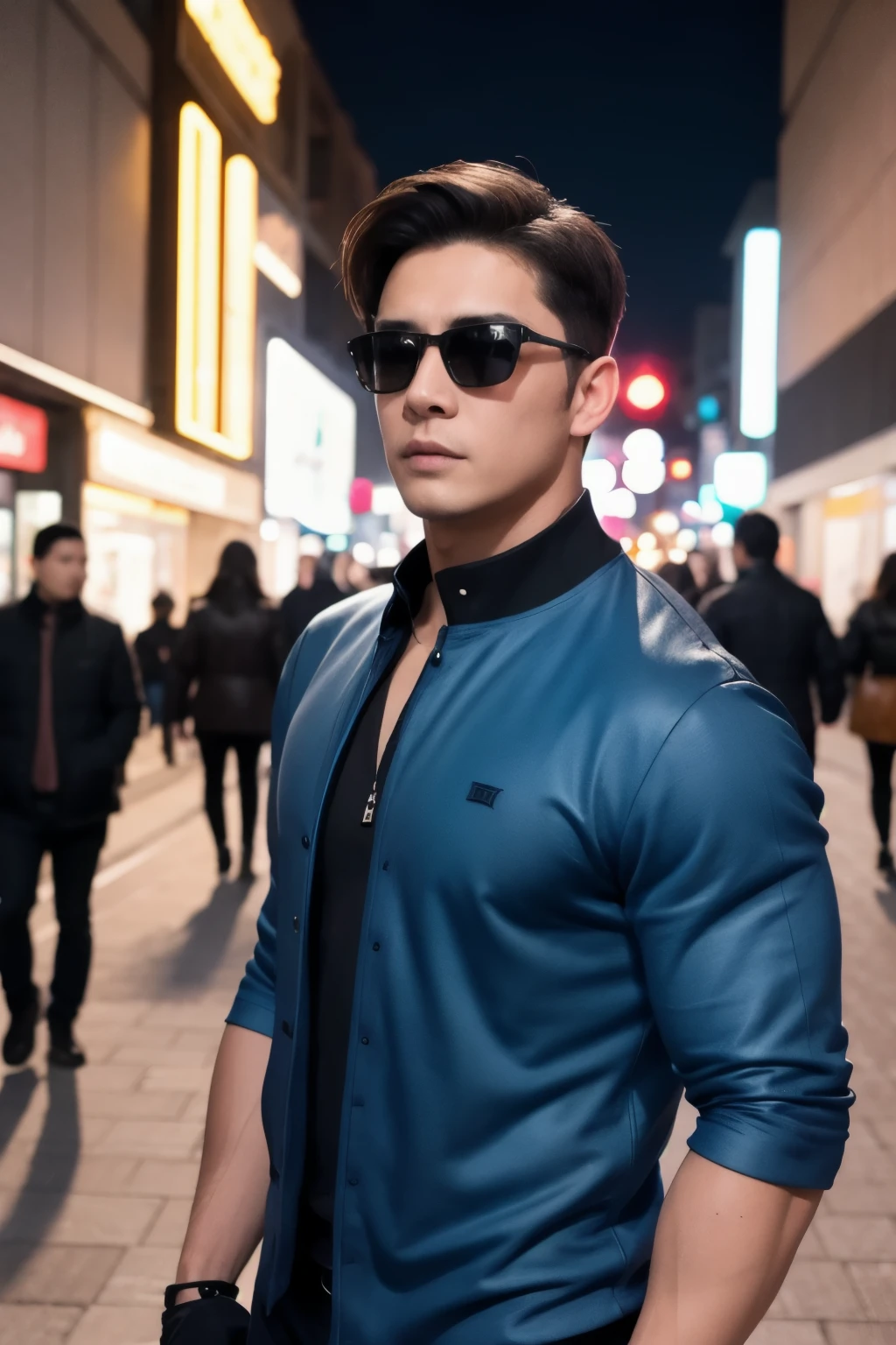 masterpiece, highest quality, Realistic, One boy, Adult male, Stocky build, Notched collar, Best, sunglasses, In a crowded downtown area at night