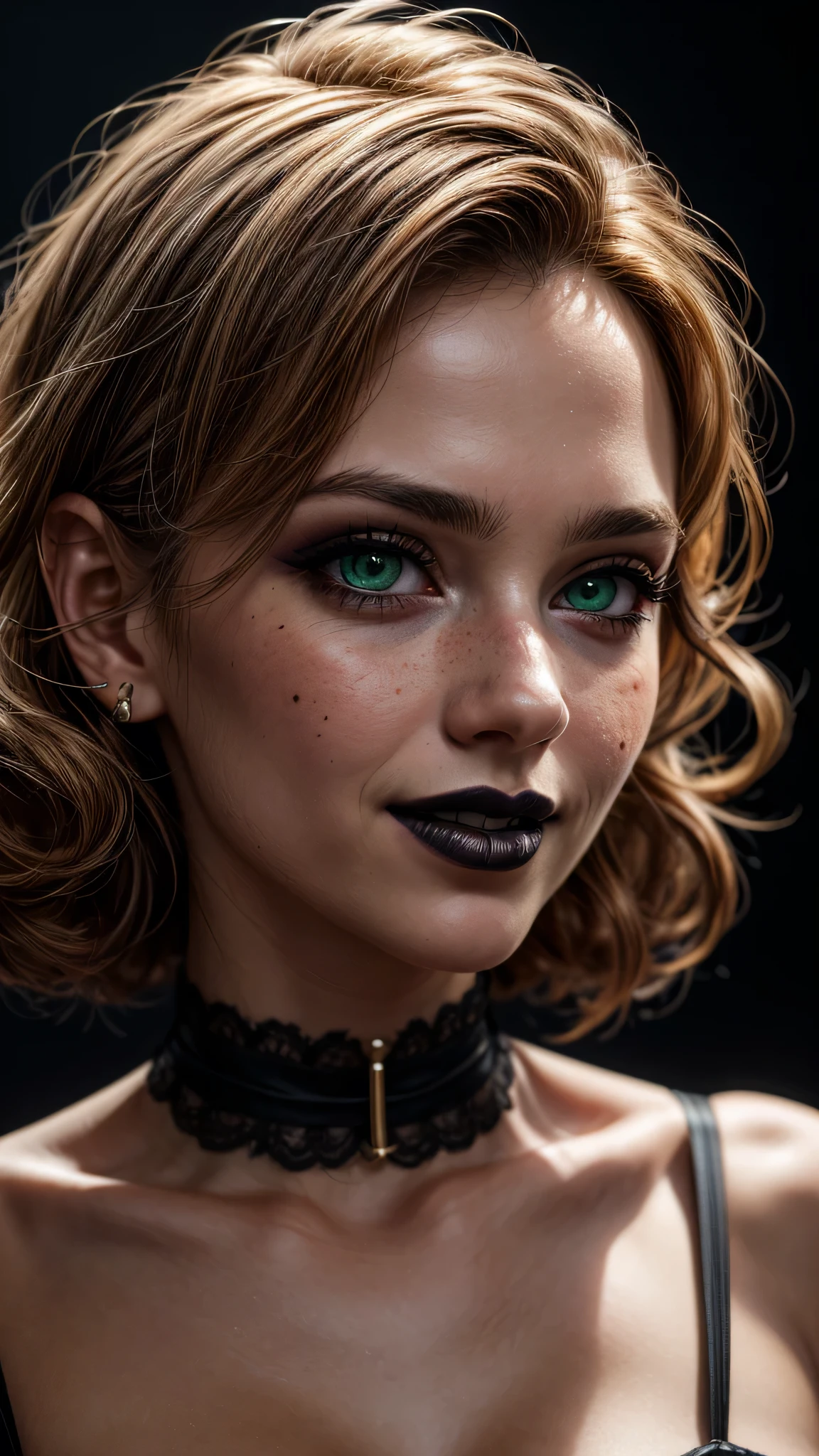 ((best quality: 1.5)) ((masterpiece)), intricate details, soft focus, professional, real life, realistic representation of the face, dim volumetric lighting, dynamic pose, in the style of realistic and hyper detailed renderings BREAK (detailed 20 year old woman, (((blackout gothic eye makeup, (portrait), black lips, pointed chin, smiling), clear green eyes, short curly [blonde hair:bright ginger hair:0.3], green satin evening gown, high collar, film grain, bokeh, black background, dark empty room, golden hour), emerald, nose piercing, determined expression), freckles:0.8), photorealistic, hyper-realistic, 8K