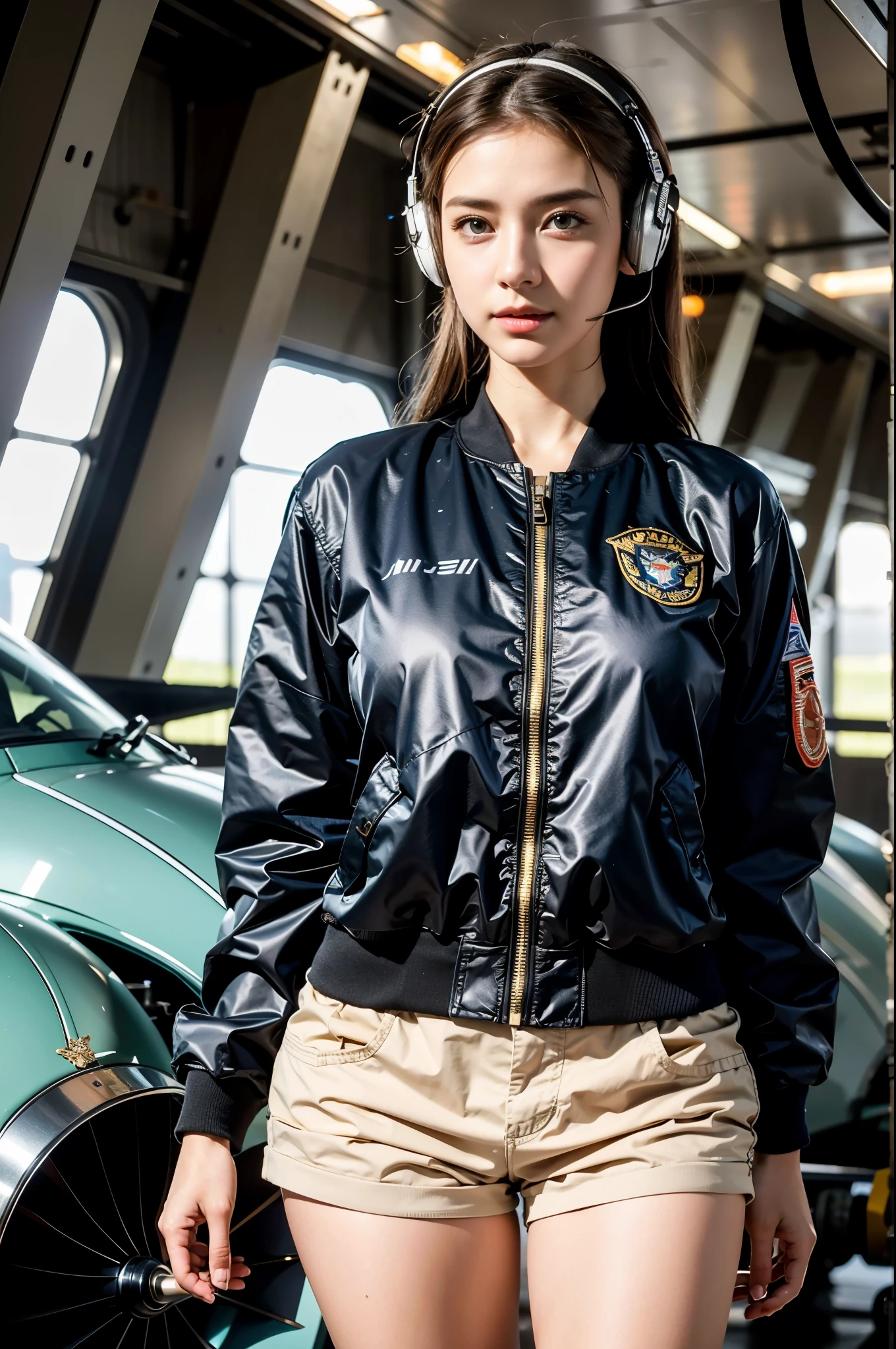 Best quality, ((insanely Realistic RAW photo)), professional photograph, intricate composition, an extremely delicate and beautiful, ultra high res, professional lighting and shading, ((Realistic image of a extremely pretty female Aircraft mechanic, solo)), Inside a spacious Aircraft hangar, Vintage airplanes of the World War II era line the background, (Wearing a MA-1 Flight Jacket), (Wearing a headset), (wearing short pants), faint smile, She does aircraft maintenance, very professional mechanic, ((extremely beautifully detailed eyes and face)), ((insanely beautiful natural skin texture)), (Accurate eyes), Accurate hands, Well-balanced overall body