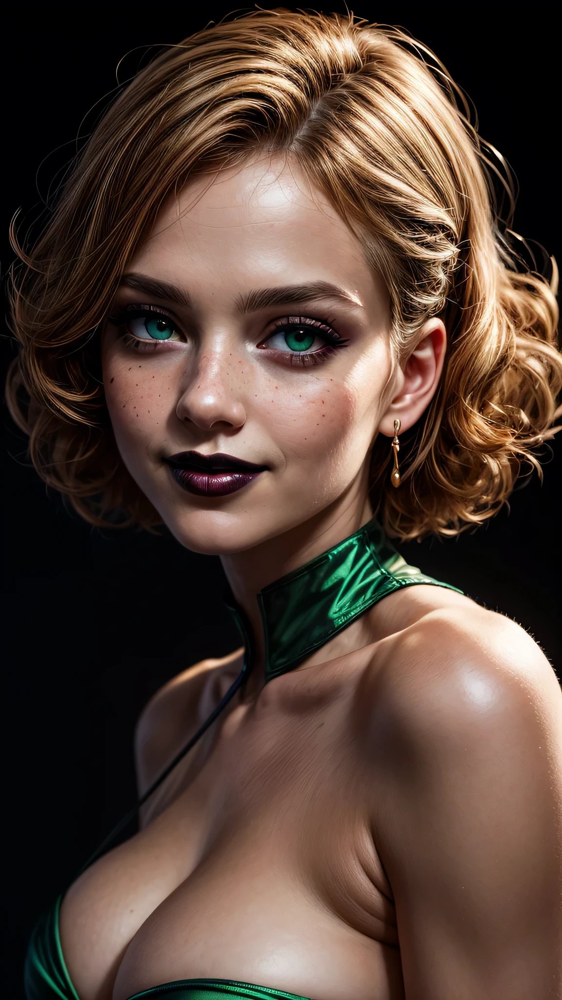 ((best quality: 1.5)) ((masterpiece)), intricate details, soft focus, professional, real life, realistic representation of the face, dim volumetric lighting, dynamic pose, in the style of realistic and hyper detailed renderings BREAK (detailed 20 year old woman, (((blackout gothic eye makeup, (portrait), black lips, pointed chin, smiling), clear green eyes, short curly [blonde hair:bright ginger hair:0.3], green satin evening gown, high collar, film grain, bokeh, black background, dark empty room, golden hour), emerald, nose piercing, determined expression), freckles:0.8), photorealistic, hyper-realistic, 8K