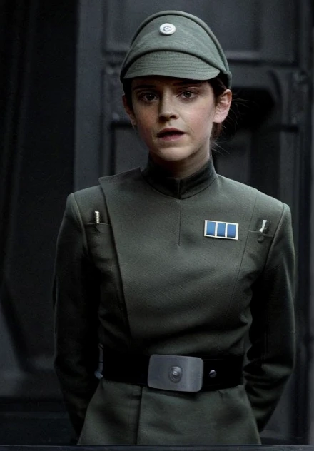 emma watson in olive green imperial officer uniform and hat