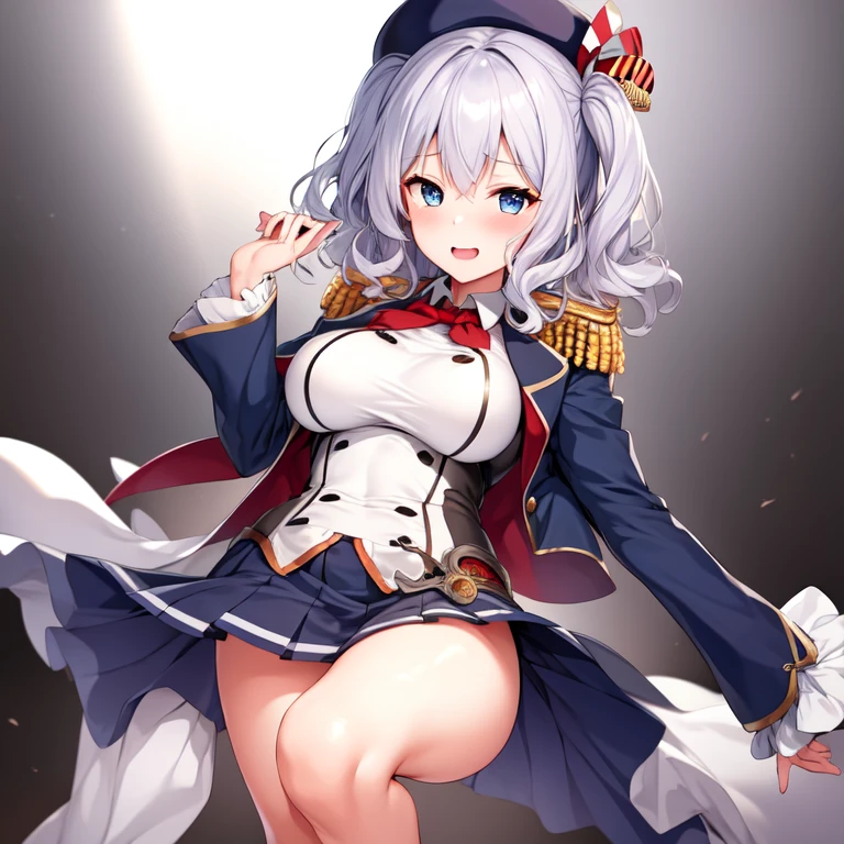 (masterpiece, best quality:1.2),giggle,A hand touched his chest,illustration,8k,HD,1 girl,solitary,portrait,blush,White hair,blue eyes,curls,Double tail,pluming,Berets,Epaulettes,Ruffled sleeves,jacket,Large Breasts,Long sleeve,,mini skirt,Pleated Skirt,Red tie,White gloves,anchor,Solid color background
