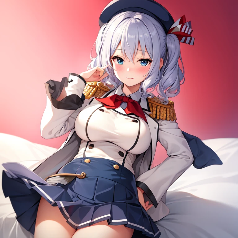 (masterpiece, best quality:1.2),giggle,A hand touched his chest,illustration,8k,HD,1 girl,solitary,portrait,blush,White hair,blue eyes,curls,Double tail,pluming,Berets,Epaulettes,Ruffled sleeves,jacket,Large Breasts,Long sleeve,,mini skirt,Pleated Skirt,Red tie,White gloves,anchor,Solid color background