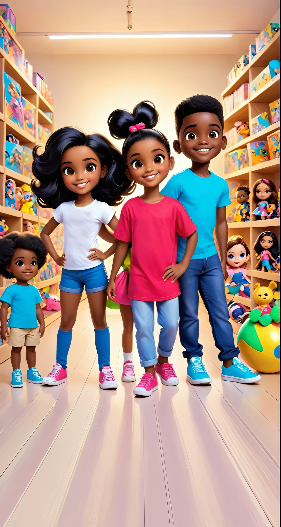 Four black children between 10 and ************, sendo 2 ******s e uma ,  com tshirts brancas sorridentes , with lots of toys at your feet, like superhero dolls, bicicletas, bonecas barbie, bolas de futebol e embrulhos de presente e sacos cheio de outros brinquedos em formato de cartoon tipo pixar, They are in a studio with nothing on the walls that are completely white and they are posing happily for a photo for Children&#39;s Day.  Cabelos crespos, cabelos encaracolados, muitos brinquedos ao fundo  nas prateleiras brancas