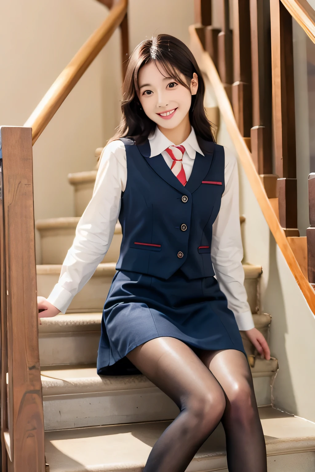 Ulzzang-6500-v1.1, (RAW Photos:1.2), (Photorealistic), (Genuine:1.4), １girl、Perfect Anatomy、Sit on the stairs、Full body photo、Looking at the camera、Black tights、pumps、Knee-length skirt、Black Hair、smile、Checked vest vest、、

