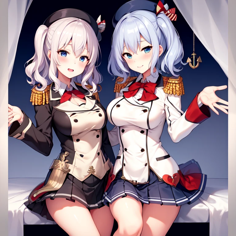 (masterpiece, best quality:1.2),giggle,A hand touched his chest,illustration,8K,HD,1 girl,solitary,portrait,blush,white hair,blue eyes,curls,Double tail,Berets,Epaulettes,Ruffled sleeves,Jacket,Large Breasts,Long sleeve,,mini skirt,Pleated Skirt,Red tie,White gloves,anchor,Solid color background