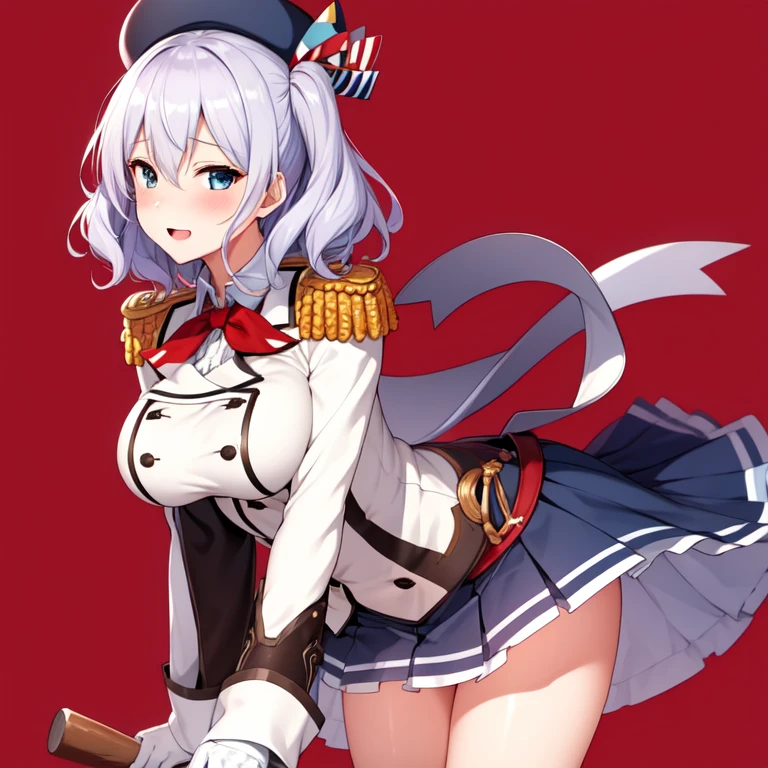 (masterpiece, best quality:1.2),giggle,A hand touched his chest,illustration,8K,HD,1 girl,solitary,portrait,blush,white hair,blue eyes,curls,Double tail,Berets,Epaulettes,Ruffled sleeves,Jacket,Large Breasts,Long sleeve,,mini skirt,Pleated Skirt,Red tie,White gloves,anchor,Solid color background