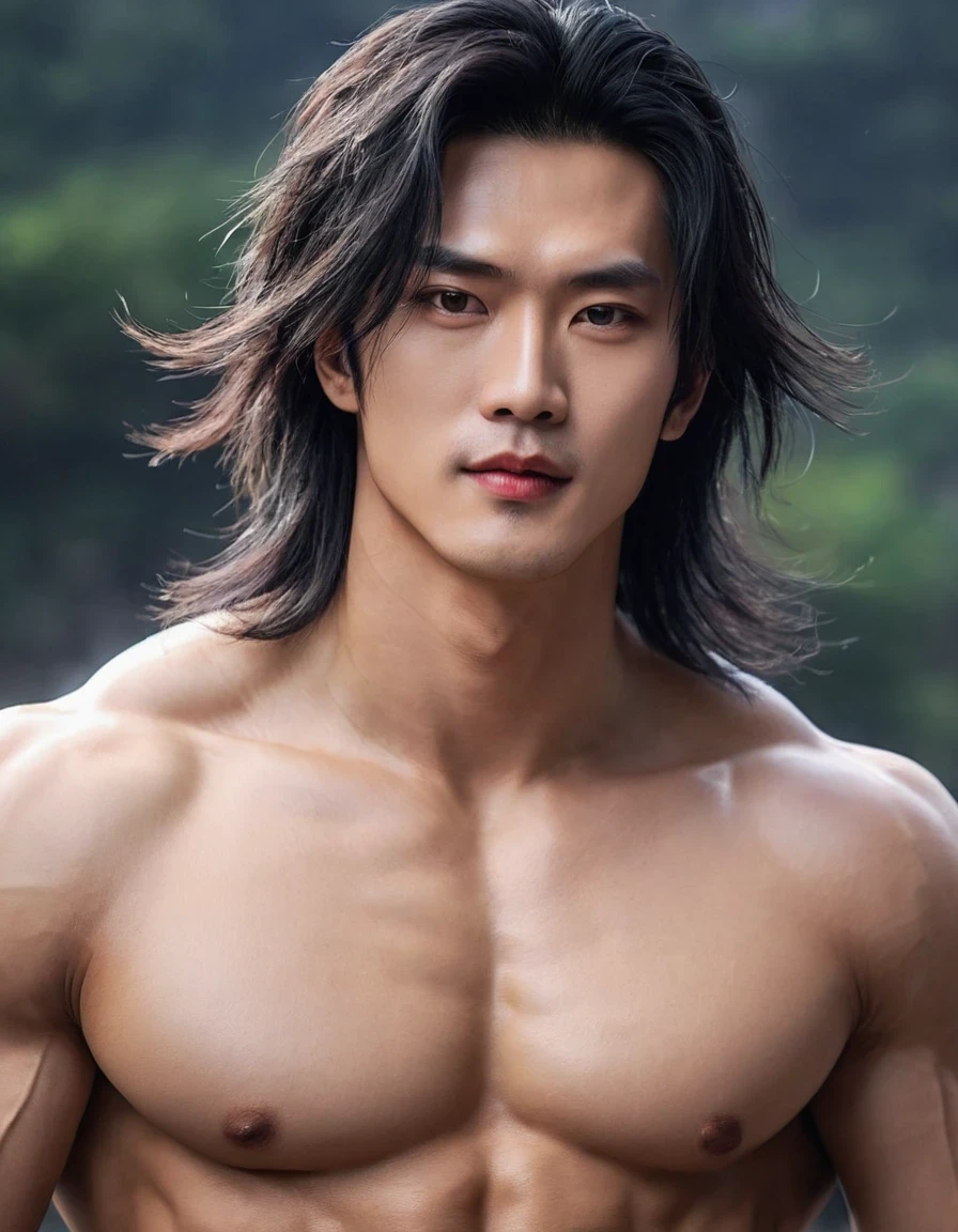 (Male character design),(Close-up of the cold and Chinese handsome man Pan An),(Close-up above the waist),(Very long and messy hair:1.3),(Big bright eyes,Double eyelids),Sad King,Toning muscles,jeans,Detailed abdominal muscles,Pan An plays a Chinese handsome man,Red lips and white teeth、I would rather be gentle and melancholy,(Pan An wearing modern men's clothing'Fashion. Pan An is tall and tall.,Ji Yu Xuanang,He has a strong physique,Pan An's skin was fair and flawless,His delicate facial features,Clear and bright eyes,His nose bridge is very high,Red lip and white teeth,Show your king style,Noble temperament,Hairstyles in the Western Jin Dynasty,Inspired by Chinese actor Hu Ge,king,black and white,Chinese Ink Painting,black and white illustrations,