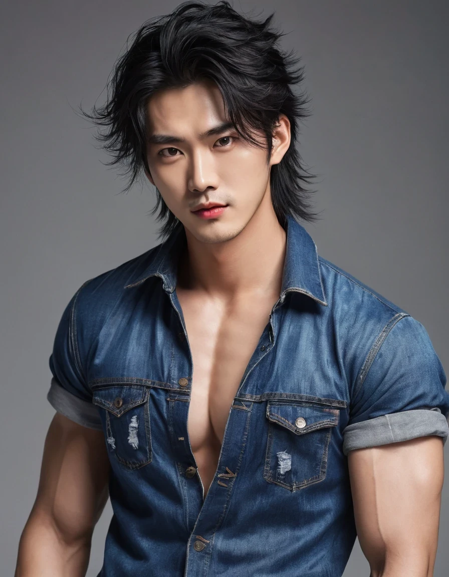 (Male character design),(Close-up of the cold and Chinese handsome man Pan An),(Close-up above the waist),(Very long and messy hair:1.3),(Big bright eyes,Double eyelids),Sad King,Toning muscles,jeans,Detailed abdominal muscles,Pan An plays a Chinese handsome man,Red lips and white teeth、I would rather be gentle and melancholy,(Pan An wearing modern men's clothing'Fashion. Pan An is tall and tall.,Ji Yu Xuanang,He has a strong physique,Pan An's skin was fair and flawless,His delicate facial features,Clear and bright eyes,His nose bridge is very high,Red lip and white teeth,Show your king style,Noble temperament,Hairstyles in the Western Jin Dynasty,Inspired by Chinese actor Hu Ge,king,black and white,Chinese Ink Painting,black and white illustrations,