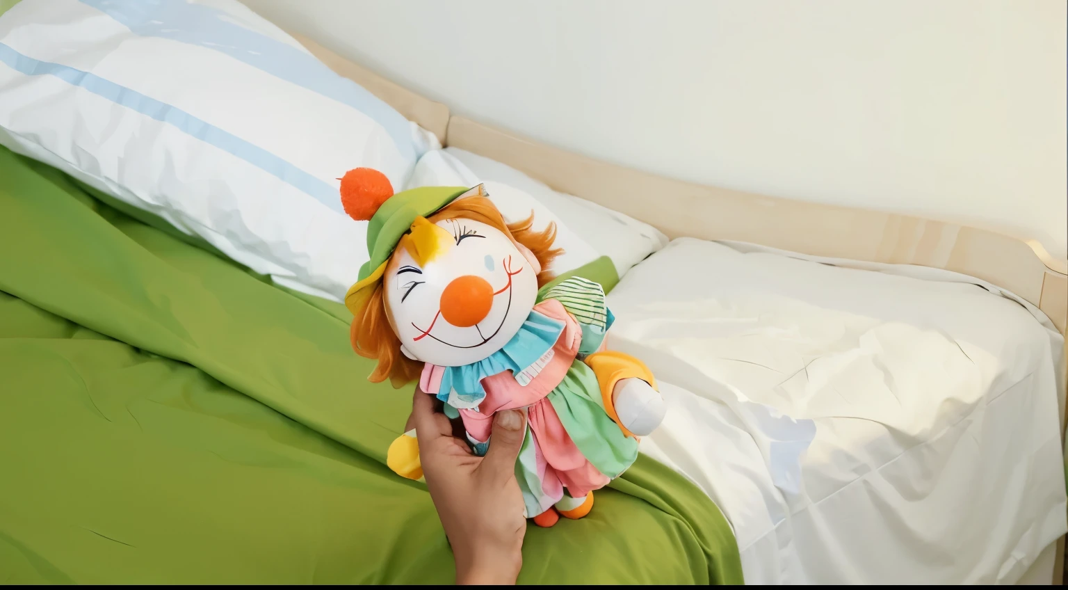 In this vivid portrayal, a whimsical toy clown is being clutched in a man's hand that appears to be brown in the complexion of a black man. The clown’s orange hair and big red nose are complemented by a colorful outfit with blue and yellow accents, and a hat striped in pink and green. In the background is a bed with green steets with a white sheet folded into it along with white pillows.