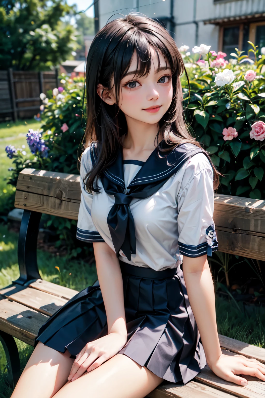 very cute and beautiful girl,(highly detailed beautiful face and eyes),
(smile:1.25),blush,looking at viewer,sailor ,short sleeve,pleated navy blue mini skirt,
black hair,sitting,
flower garden,wooden bench,grassland,shrubbery,
(best quality,masterpiece),absurdres,highres,ultra-detailed,extremely detailed,32k,8k resolution,
intricate details,cinematic scene,detailed background,solo,dynamic angle,