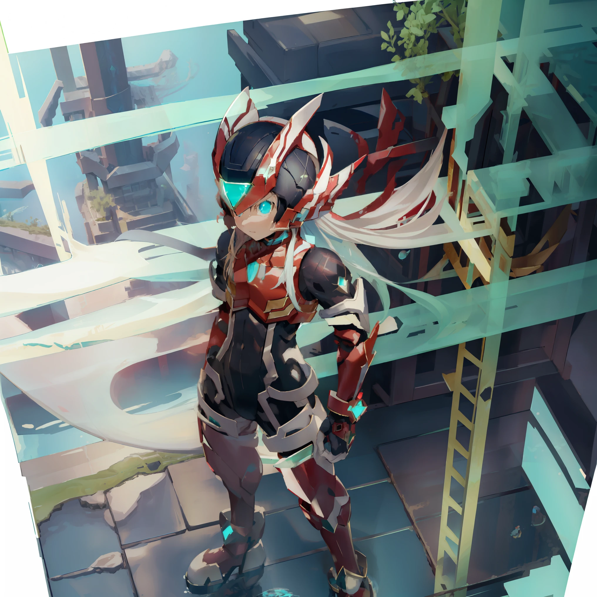 megzeromyth2023, 1boy, long white hair, red armor, green energy sword, high quality, masterpiece, standing in an underwater city with lots of bubbles, in the style of yuumei, intricate architectures, indigo, miniature illumination, daniel f. gerhartz